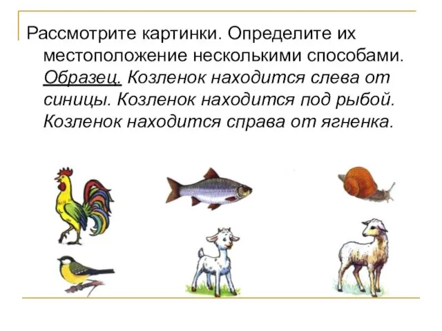 Рассмотрите картинки. Определите их местоположение несколькими способами. Образец. Козленок находится