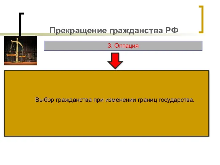 Прекращение гражданства РФ 3. Оптация Выбор гражданства при изменении границ государства.