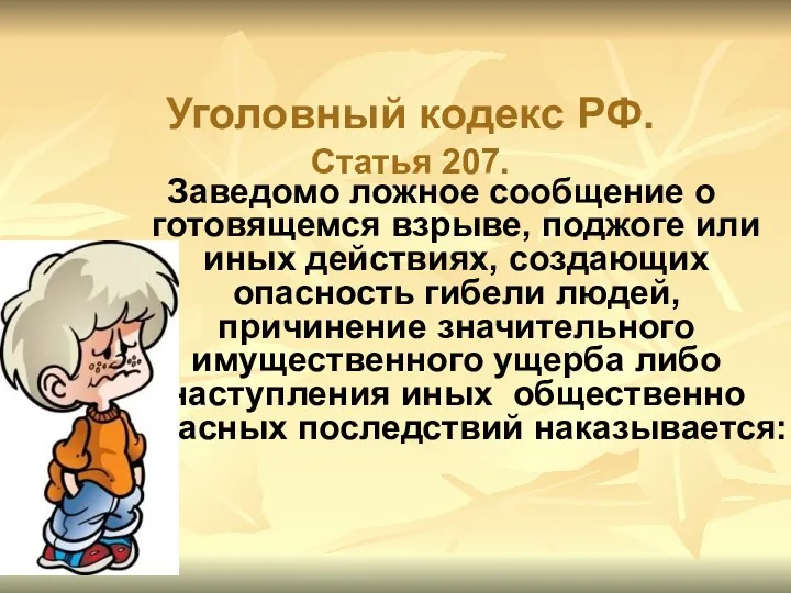 Уголовный кодекс РФ. Статья 207. Заведомо ложное сообщение о готовящемся