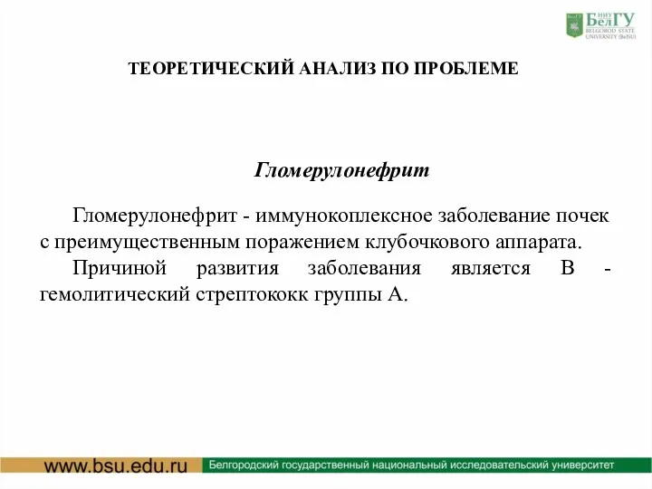 ТЕОРЕТИЧЕСКИЙ АНАЛИЗ ПО ПРОБЛЕМЕ Гломерулонефрит Гломерулонефрит - иммунокоплексное заболевание почек с преимущественным поражением