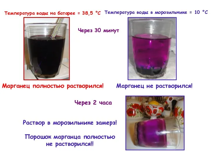 Через 30 минут Марганец полностью растворился! Температура воды на батарее