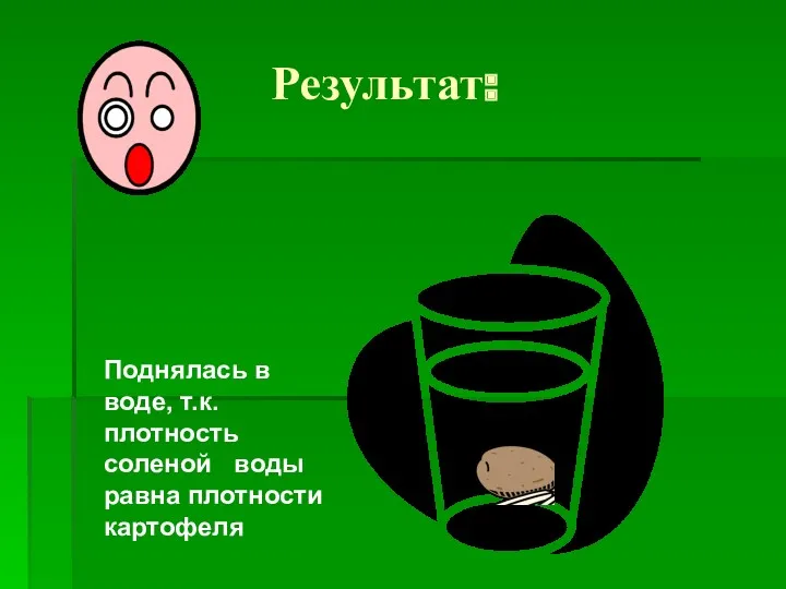 Результат: Поднялась в воде, т.к. плотность соленой воды равна плотности картофеля