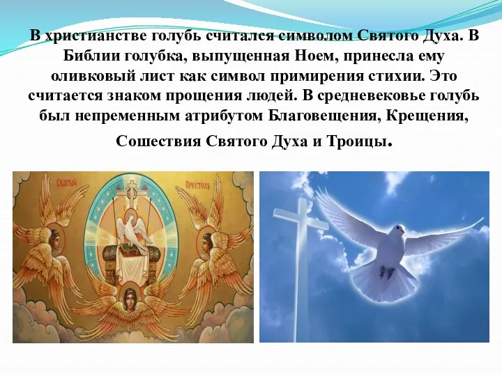 В христианстве голубь считался символом Святого Духа. В Библии голубка,