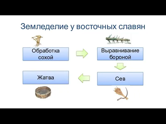 Земледелие у восточных славян Обработка сохой Выравнивание бороной Сев Жатва