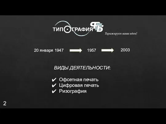 Тиражируем ваши идеи! 20 января 1947 1957 2003 ВИДЫ ДЕЯТЕЛЬНОСТИ: Офсетная печать Цифровая печать Ризография 2