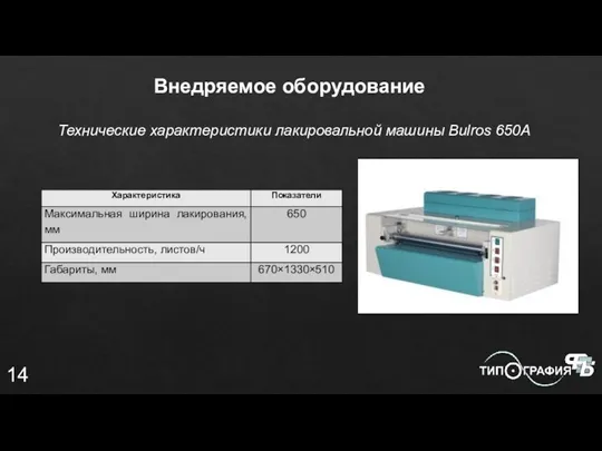 Технические характеристики лакировальной машины Bulros 650А 14 Внедряемое оборудование