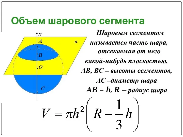 Объем шарового сегмента Шаровым сегментом называется часть шара, отсекаемая от