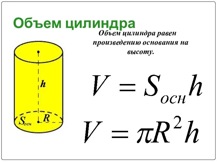 Объем цилиндра Объем цилиндра равен произведению основания на высоту.