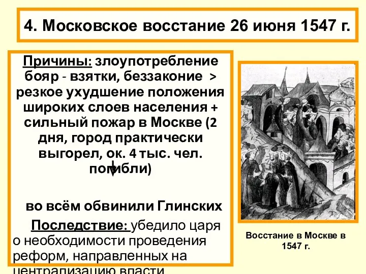 4. Московское восстание 26 июня 1547 г. Причины: злоупотребление бояр