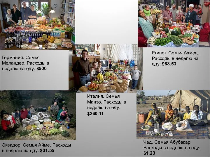 Чад. Семья Абубакар. Расходы в неделю на еду: $1.23 Эквадор. Семья Айме. Расходы