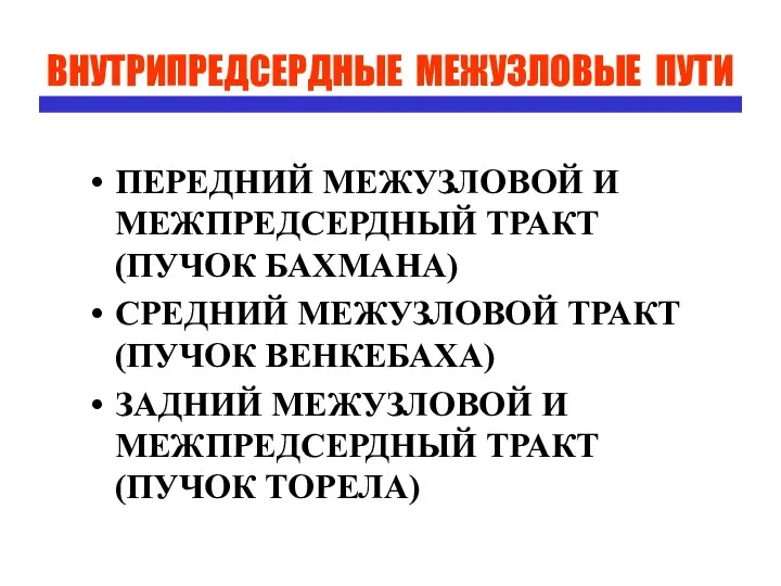 ВНУТРИПРЕДСЕРДНЫЕ МЕЖУЗЛОВЫЕ ПУТИ ПЕРЕДНИЙ МЕЖУЗЛОВОЙ И МЕЖПРЕДСЕРДНЫЙ ТРАКТ (ПУЧОК БАХМАНА)