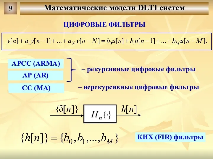 Математические модели DLTI систем 9 ЦИФРОВЫЕ ФИЛЬТРЫ АРСС (ARMA) АР