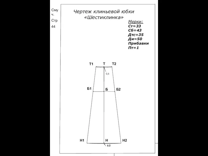 Чертеж клиньевой юбки «Шестиклинка» Мерки: Ст=33 Сб=43 Дтс=35 Ди=50 Прибавки