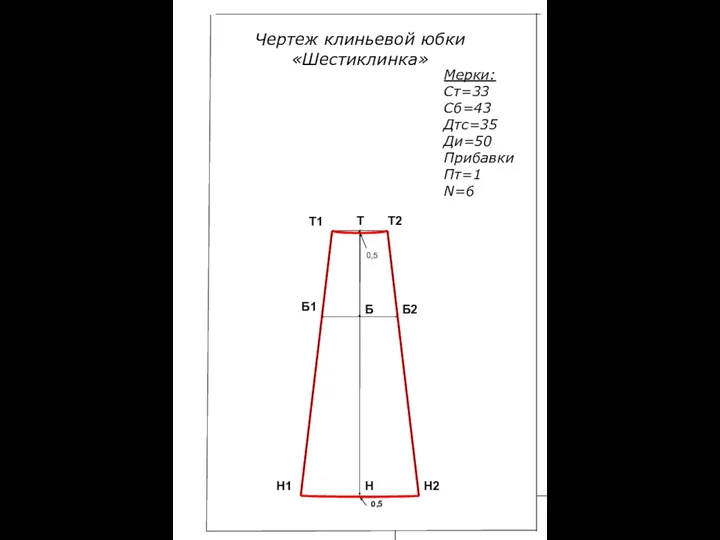 Чертеж клиньевой юбки «Шестиклинка» Мерки: Ст=33 Сб=43 Дтс=35 Ди=50 Прибавки