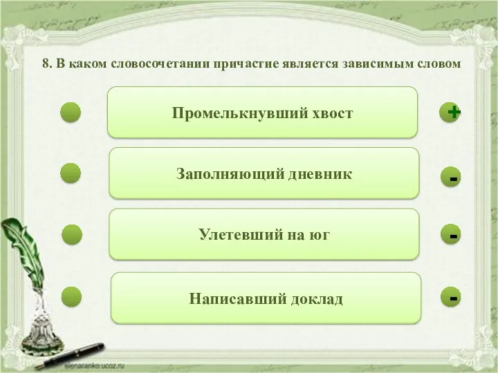 - - + - Промелькнувший хвост Заполняющий дневник Улетевший на