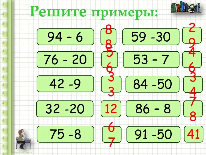 94 – 6 Решите примеры: 76 - 20 42 -9