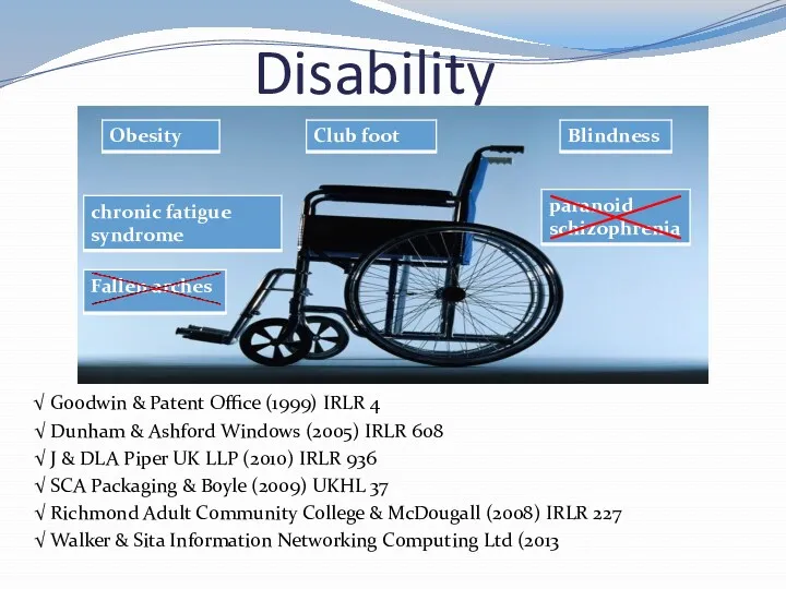 Disability √ Goodwin & Patent Office (1999) IRLR 4 √ Dunham & Ashford