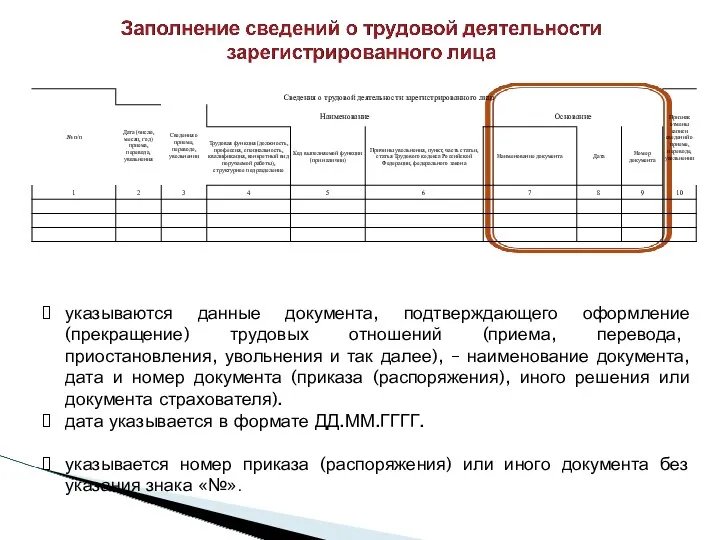 указываются данные документа, подтверждающего оформление (прекращение) трудовых отношений (приема, перевода,