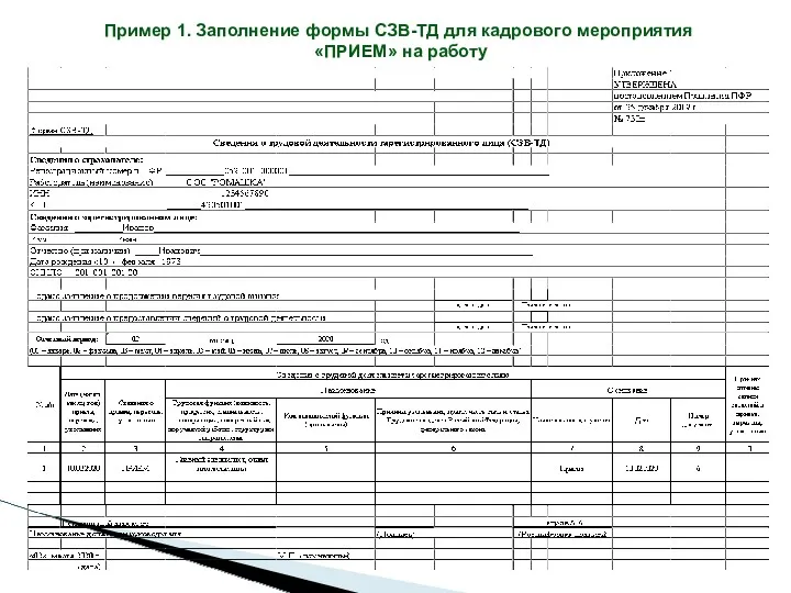 Пример 1. Заполнение формы СЗВ-ТД для кадрового мероприятия «ПРИЕМ» на работу