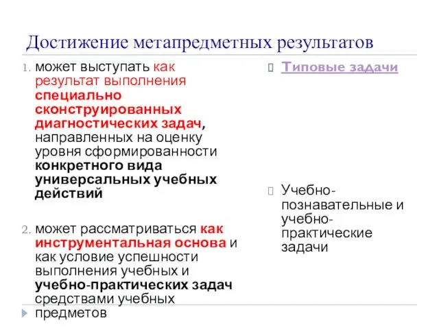 Достижение метапредметных результатов может выступать как результат выполнения специально сконструированных