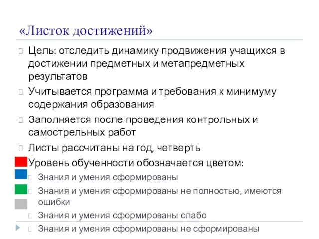 «Листок достижений» Цель: отследить динамику продвижения учащихся в достижении предметных