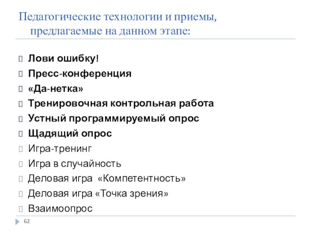 Педагогические технологии и приемы, предлагаемые на данном этапе: Лови ошибку!