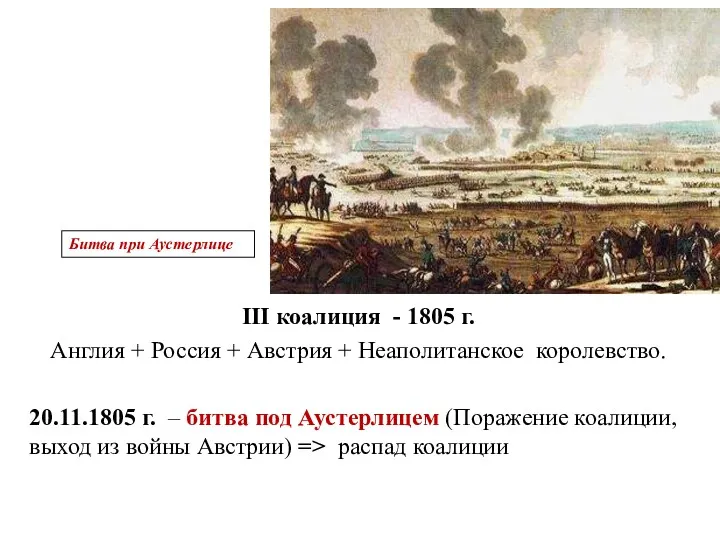 III коалиция - 1805 г. Англия + Россия + Австрия