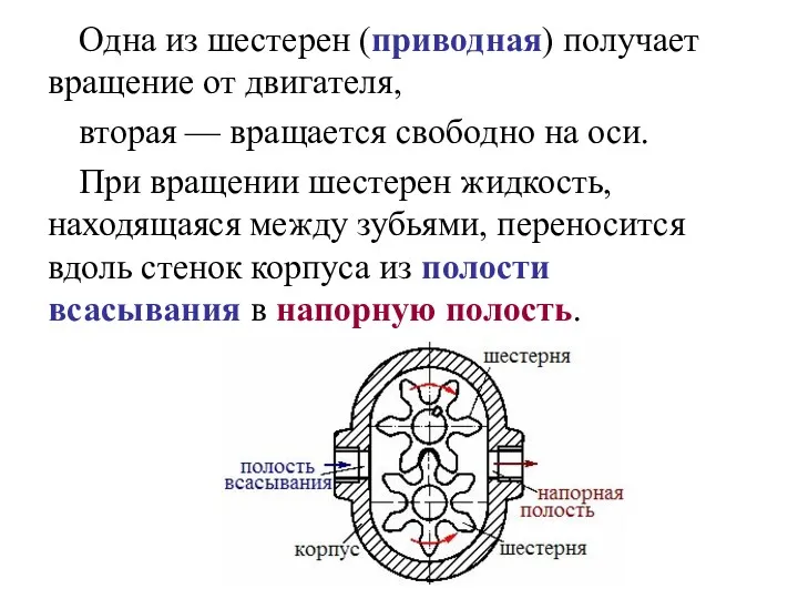 Одна из шестерен (приводная) получает вращение от двигателя, вторая —