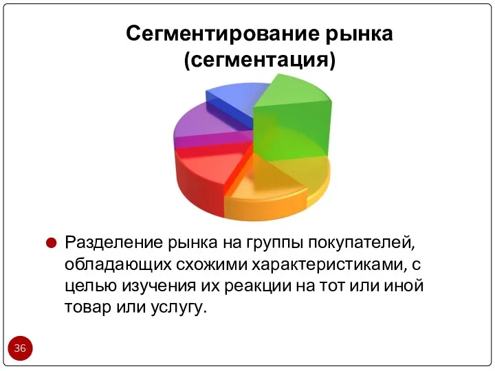 Сегментирование рынка (сегментация) Разделение рынка на группы покупателей, обладающих схожими