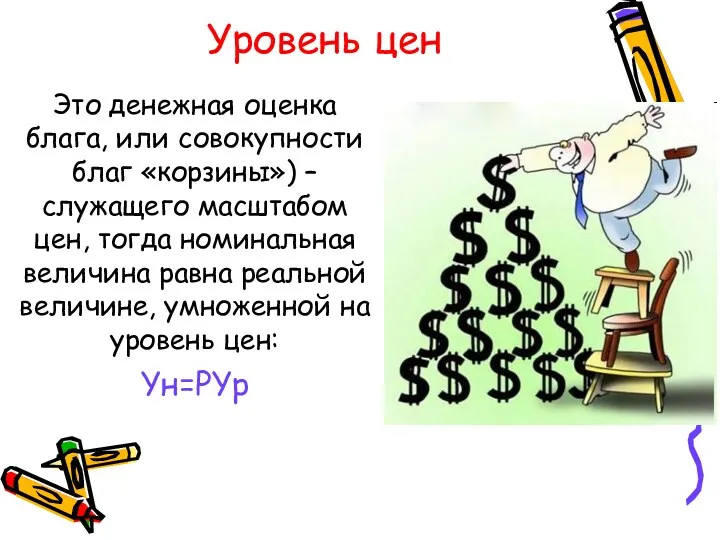 Уровень цен Это денежная оценка блага, или совокупности благ «корзины»)