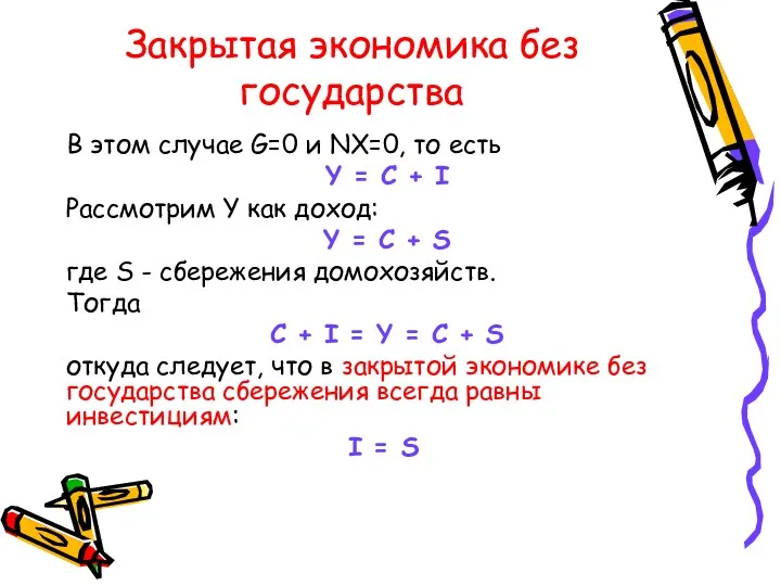 Закрытая экономика без государства В этом случае G=0 и NX=0,