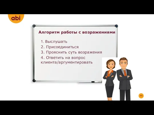 1. Выслушать 2. Присоединиться 3. Прояснить суть возражения 4. Ответить