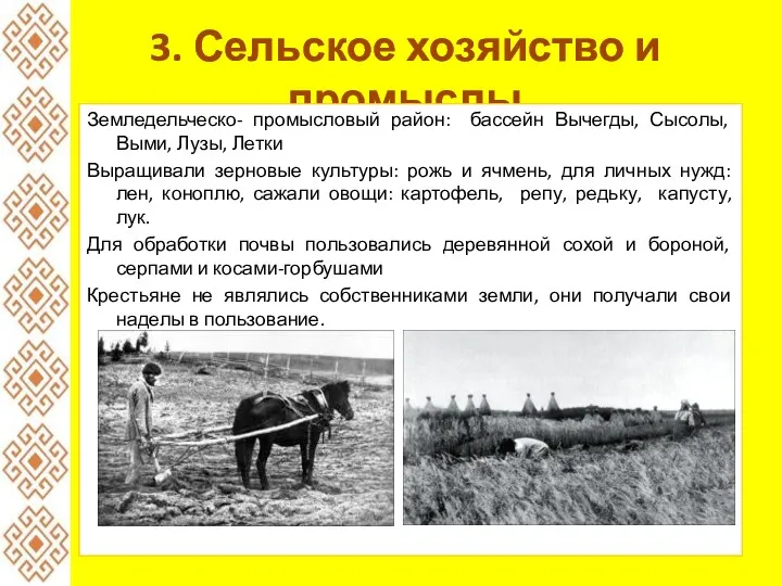 3. Сельское хозяйство и промыслы Земледельческо- промысловый район: бассейн Вычегды,