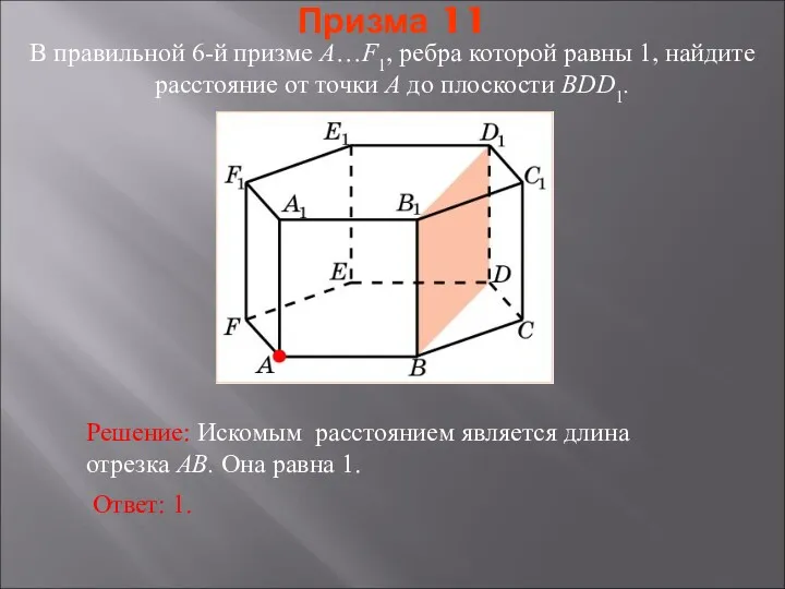 В правильной 6-й призме A…F1, ребра которой равны 1, найдите