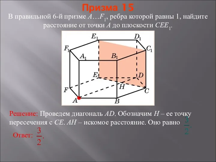 В правильной 6-й призме A…F1, ребра которой равны 1, найдите