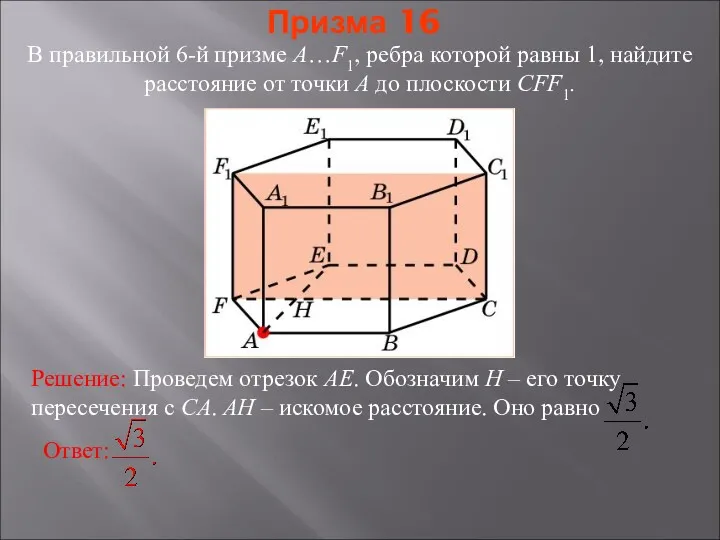 В правильной 6-й призме A…F1, ребра которой равны 1, найдите