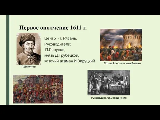 Первое ополчение 1611 г. Созыв I ополчения в Рязани. П.Ляпунов