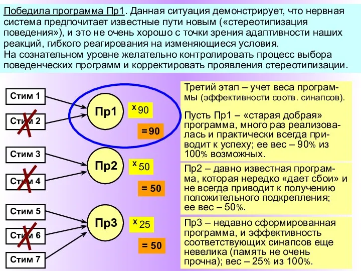 Победила программа Пр1. Данная ситуация демонстрирует, что нервная система предпочитает