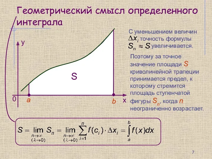 Геометрический смысл определенного интеграла Поэтому за точное значение площади S