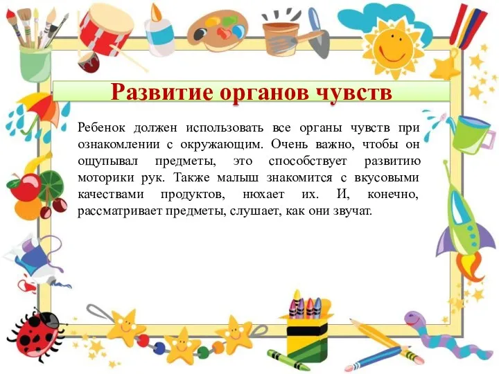 Развитие органов чувств Ребенок должен использовать все органы чувств при