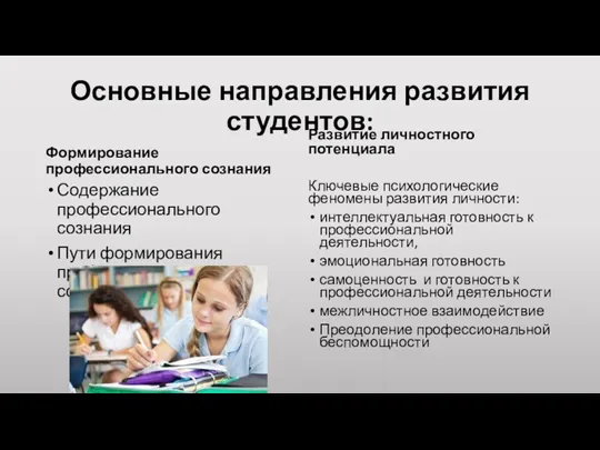 Основные направления развития студентов: Формирование профессионального сознания Содержание профессионального сознания