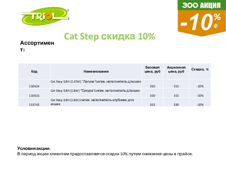 Ассортимент: Условия акции: В период акции клиентам предоставляется скидка 10%