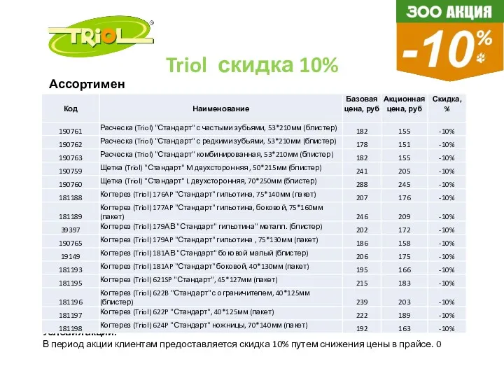 Условия акции: В период акции клиентам предоставляется скидка 10% путем