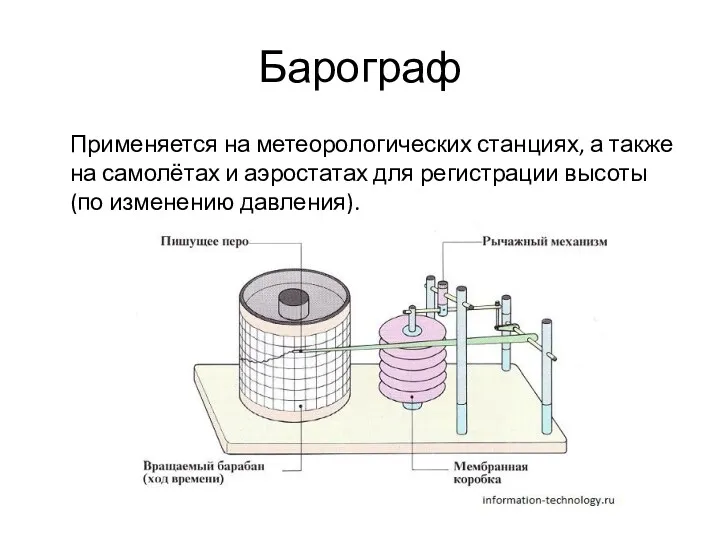 Барограф Применяется на метеорологических станциях, а также на самолётах и