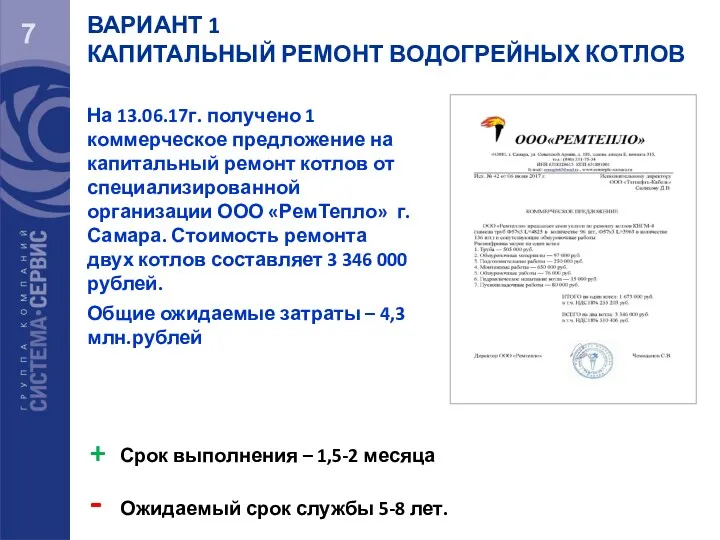 7 На 13.06.17г. получено 1 коммерческое предложение на капитальный ремонт