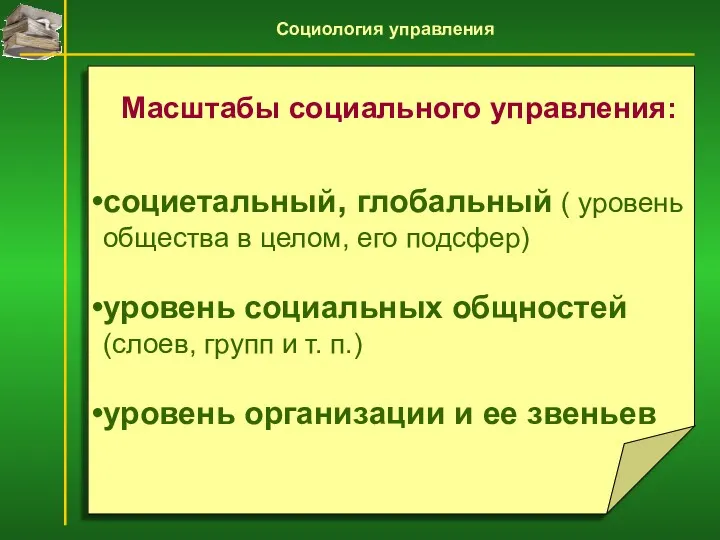 Масштабы социального управления: социетальный, глобальный ( уровень общества в целом,