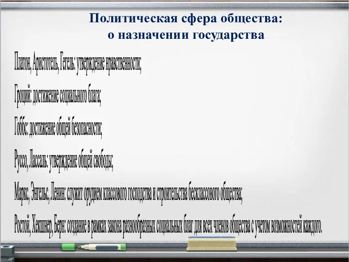 Политическая сфера общества: о назначении государства Платон, Аристотель, Гегель: утверждение