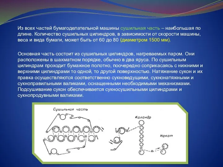 Из всех частей бумагоделательной машины сушильная часть – наибольшая по длине. Количество сушильных