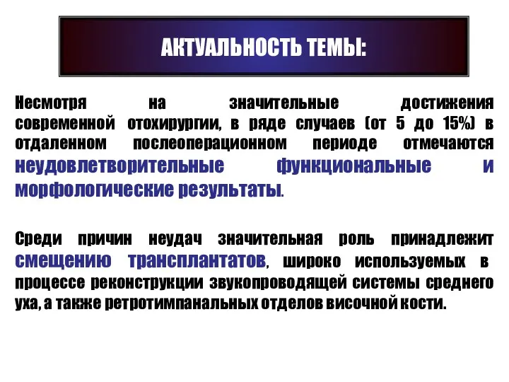 АКТУАЛЬНОСТЬ ТЕМЫ: Несмотря на значительные достижения современной отохирургии, в ряде