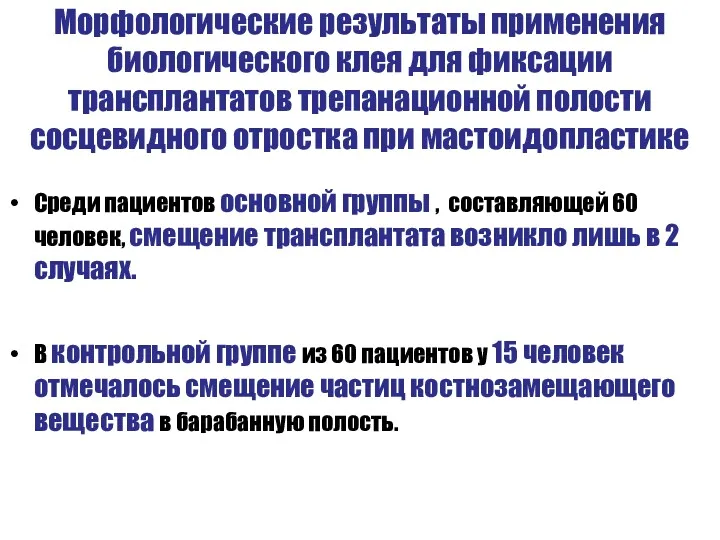 Среди пациентов основной группы , составляющей 60 человек, смещение трансплантата